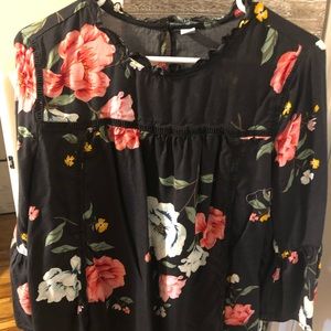 Ruffle neck bell sleeve floral blouse